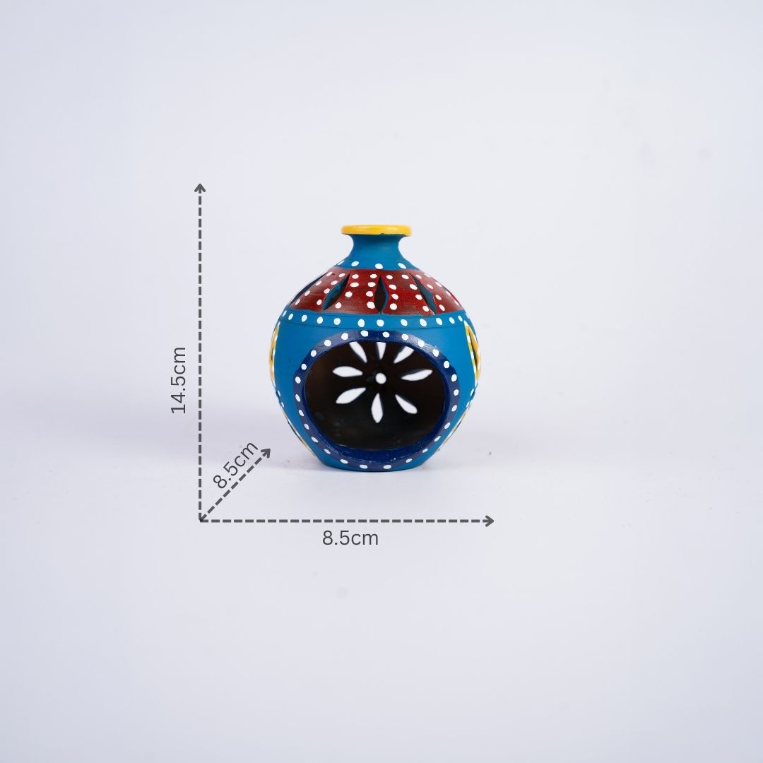 Terracotta Rounded Body Matki Shape Tea-light Holder (Blue) with dm