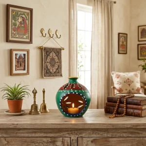 Terracotta Rounded Body Matki Shape Tea-light Holder (Green)