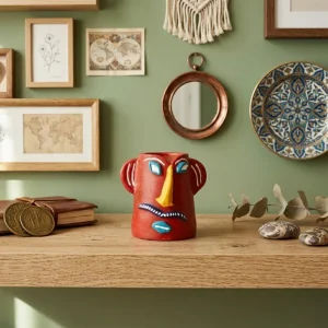 Terracotta Tribal Male Face Pen Stand (Red)