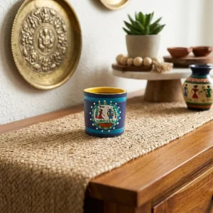 Terracotta Warli Art Hand Painted Cylinder Shaped Pen Stand (Blue)