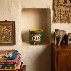 Terracotta Warli Art Hand Painted Cylinder Shaped Pen Stand (Green)