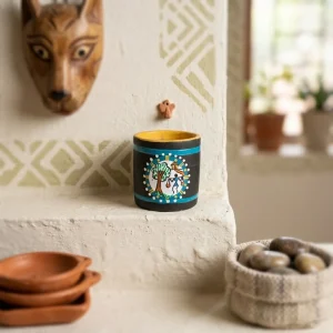 Terracotta Warli Art Hand Painted Cylinder Shaped Pen Stand (Grey)