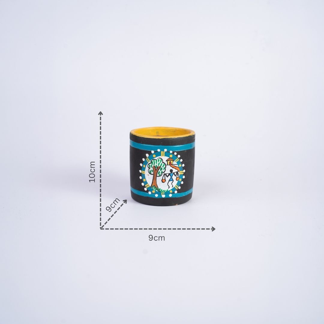 Terracotta Warli Art Hand Painted Cylinder Shaped Pen Stand (Grey) with dm