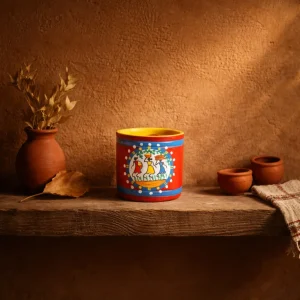 Terracotta Warli Art Hand Painted Cylinder Shaped Pen Stand (Red)