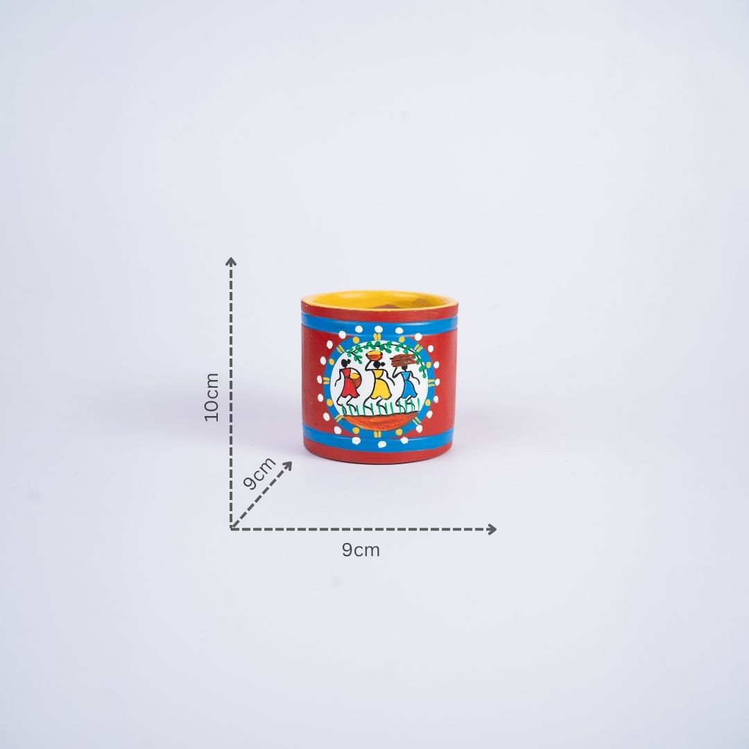 Terracotta Warli Art Hand Painted Cylinder Shaped Pen Stand (Red) with dm