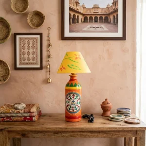 Warli Hand-Painted Bottle Shaped Terracotta Table Lamp (Orange)
