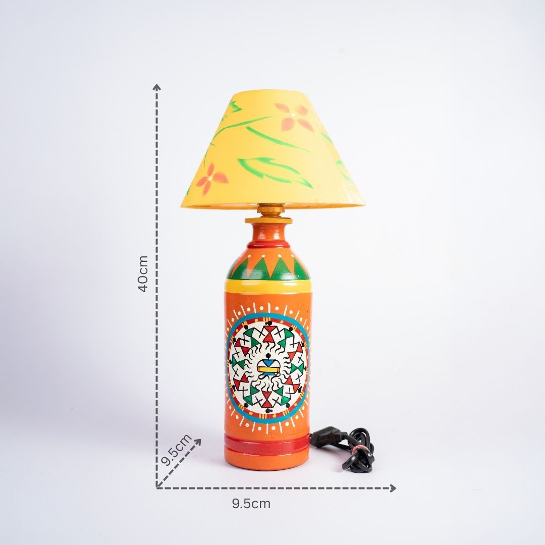 Warli Hand-Painted Bottle Shaped Terracotta Table Lamp (Orange) with dm