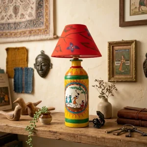 Warli Hand-Painted Bottle Shaped Terracotta Table Lamp (Yellow)