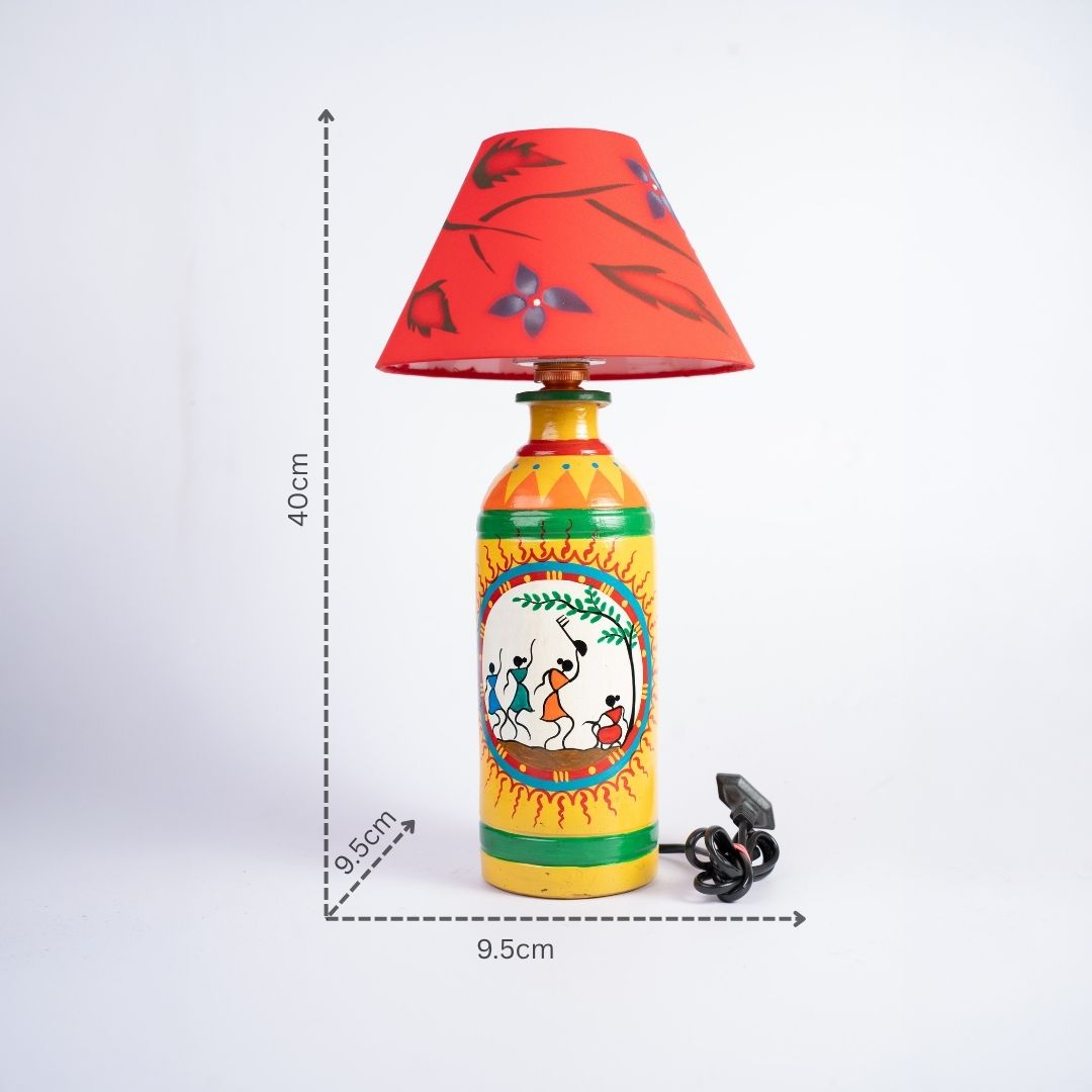 Warli Hand-Painted Bottle Shaped Terracotta Table Lamp (Yellow) with dm