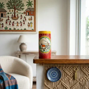 Warli Hand-Painted Cylindrical Terracotta Vase (Red)