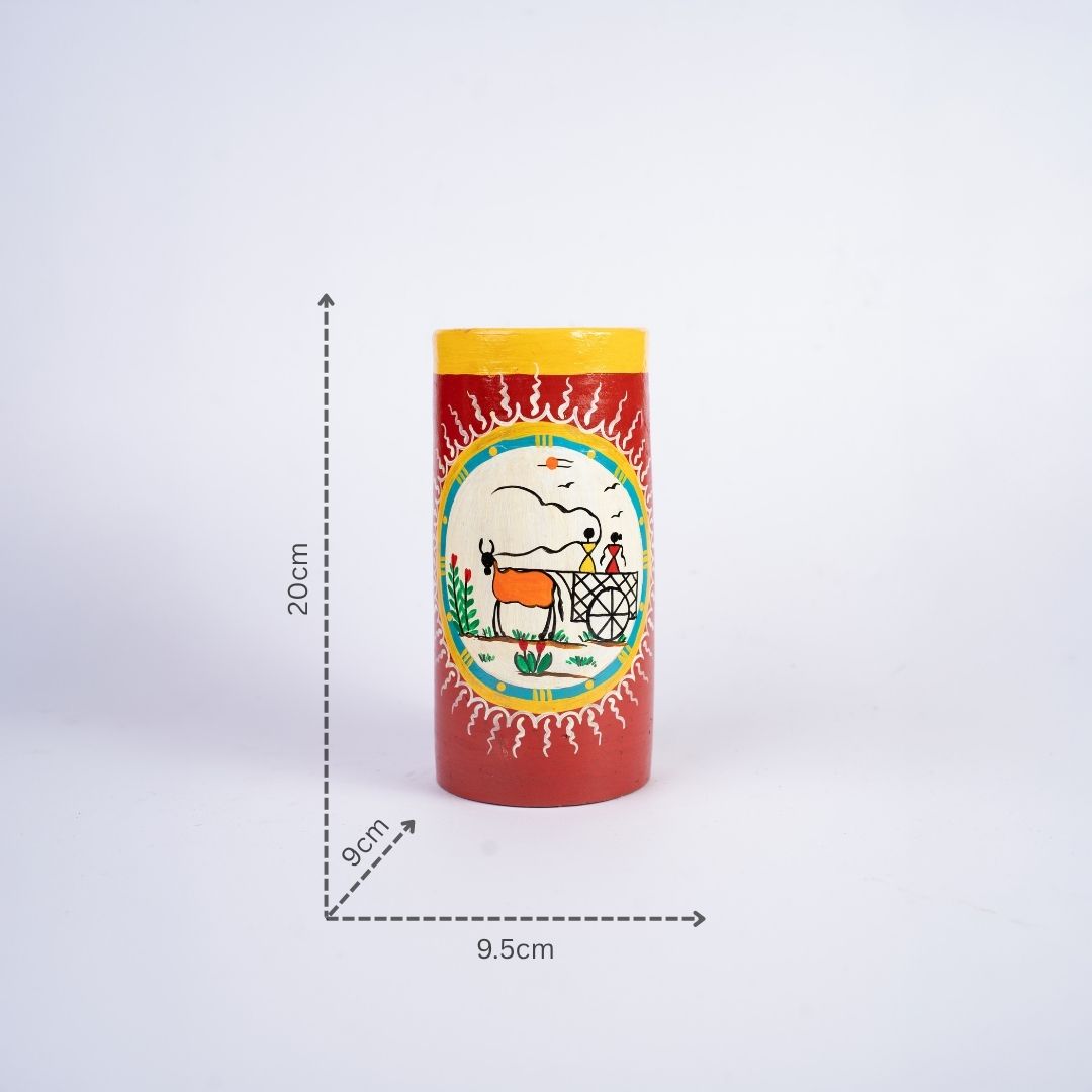 Warli Hand-Painted Cylindrical Terracotta Vase (Red) with dm