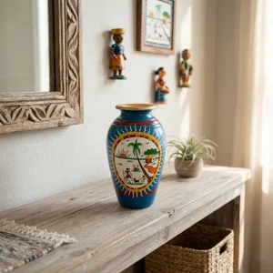 Warli Hand-Painted Long Matki Shape Terracotta Vase (Blue)