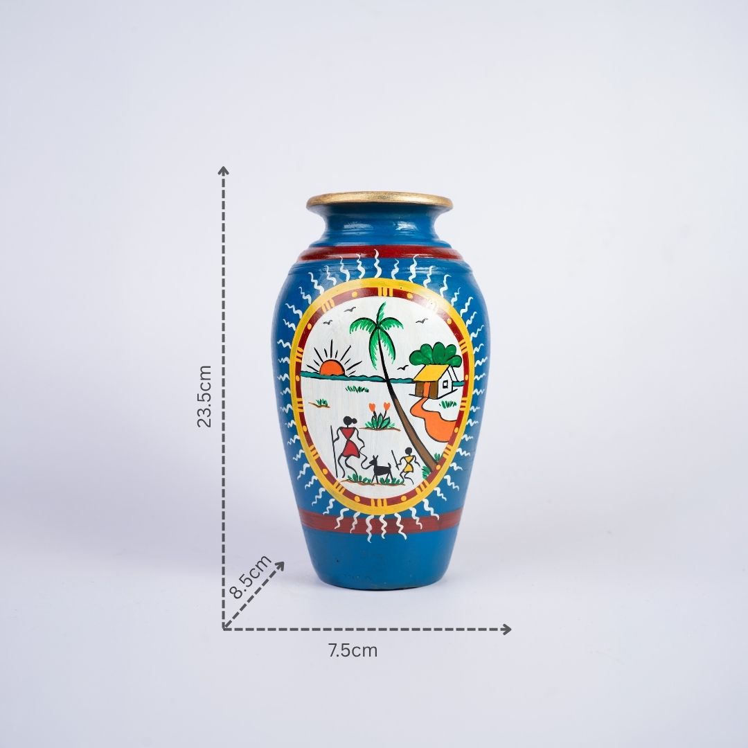 Warli Hand-Painted Long Matki Shape Terracotta Vase (Blue) with dm