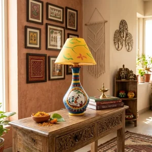 Warli Hand-Painted Matki Shaped Terracotta Table Lamp (Blue)