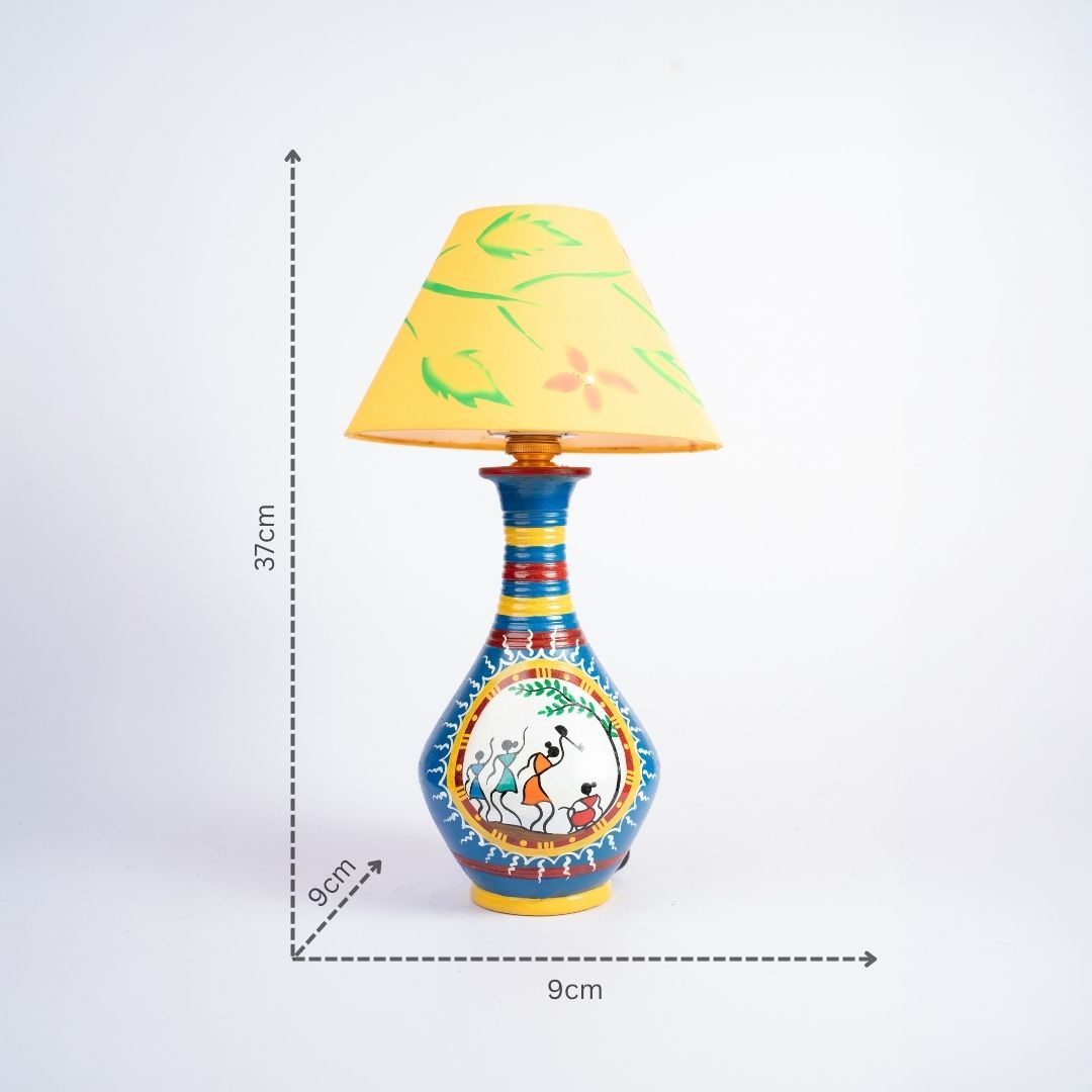 Warli Hand-Painted Matki Shaped Terracotta Table Lamp (Blue) with dm
