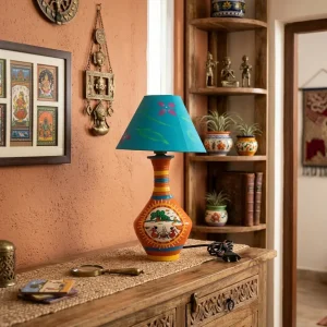 Warli Hand-Painted Matki Shaped Terracotta Table Lamp (Orange)