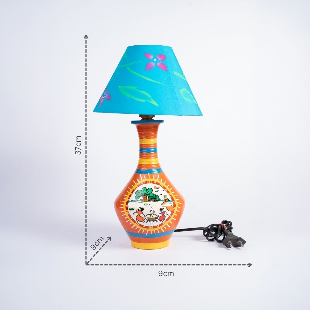 Warli Hand-Painted Matki Shaped Terracotta Table Lamp (Orange) with dm