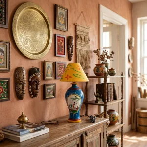 Warli Hand-Painted Pitcher Shaped Terracotta Table Lamp (Blue)