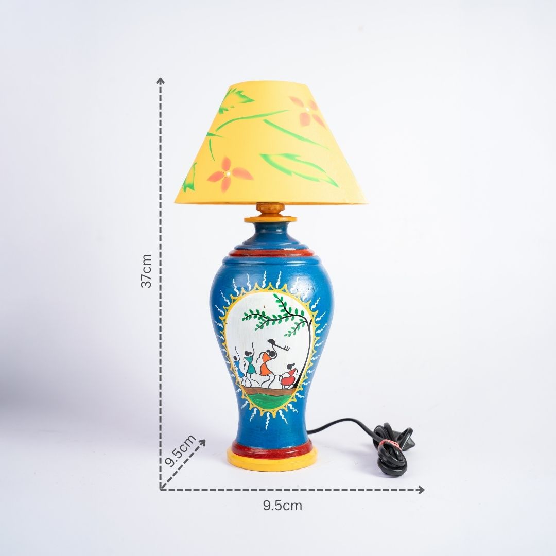 Warli Hand-Painted Pitcher Shaped Terracotta Table Lamp (Blue) with dm
