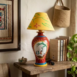 Warli Hand-Painted Pitcher Shaped Terracotta Table Lamp (Red)
