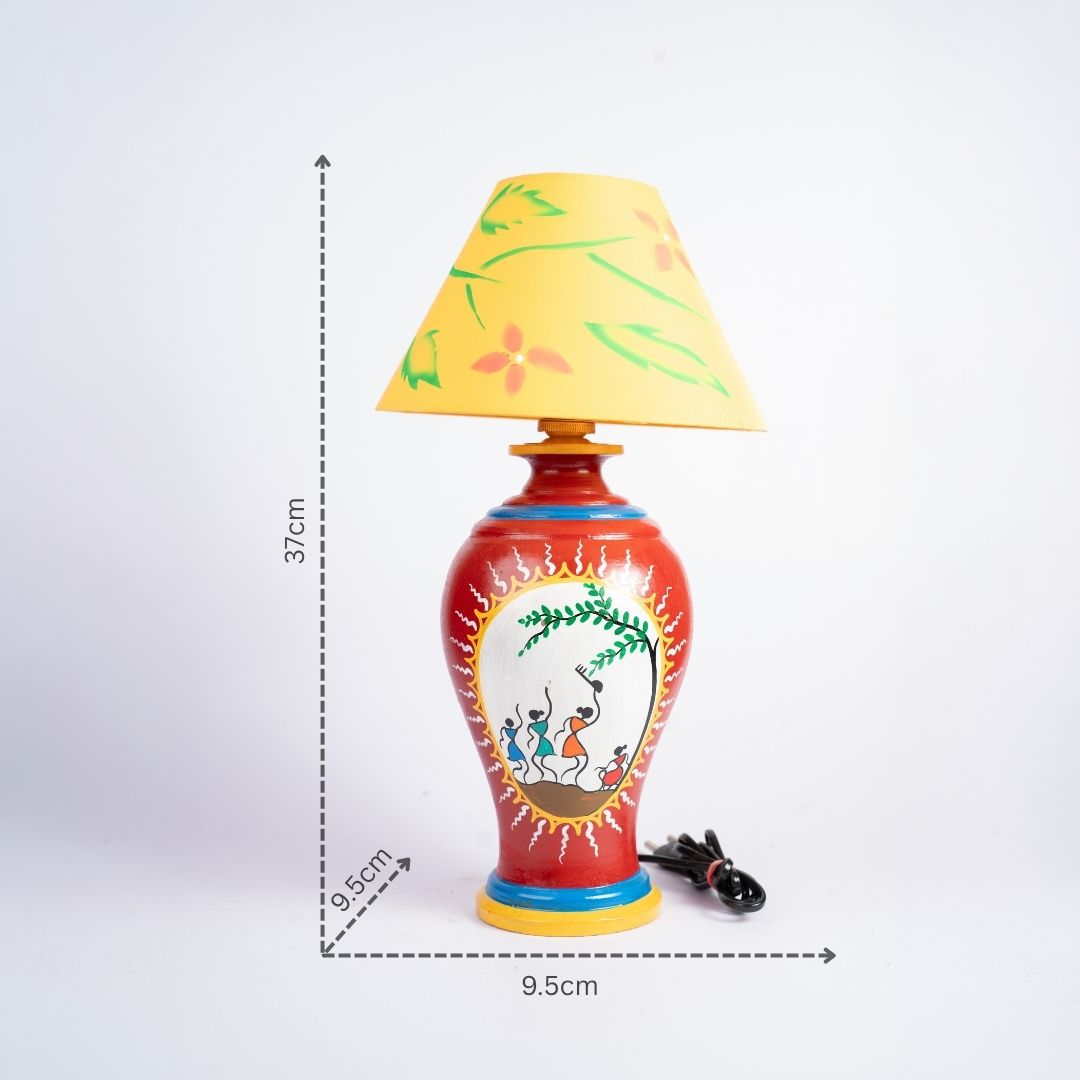 Warli Hand-Painted Pitcher Shaped Terracotta Table Lamp (Red) with dm