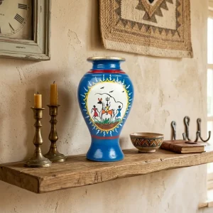 Warli Hand-Painted Pitcher Shaped Terracotta Vase (Blue)