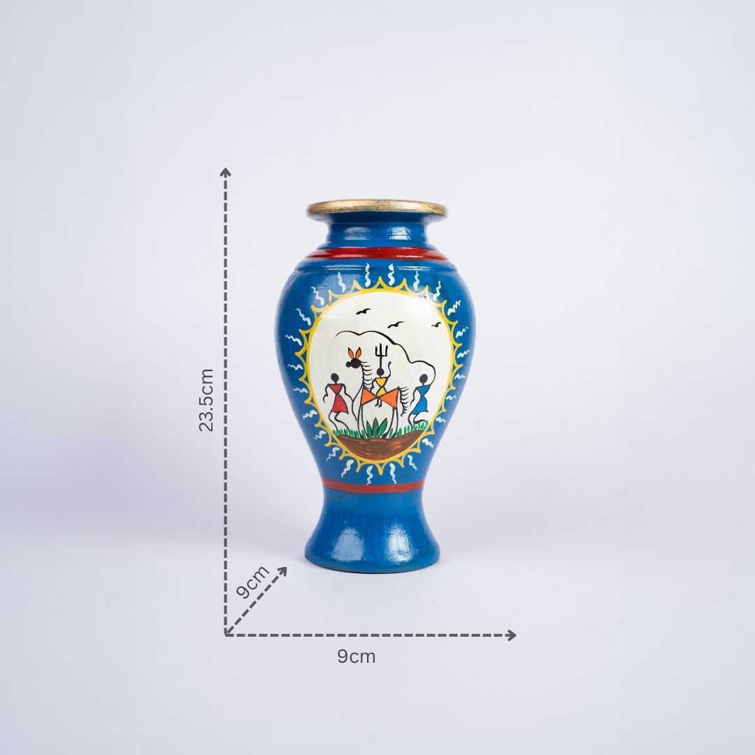 Warli Hand-Painted Pitcher Shaped Terracotta Vase (Blue) with dm
