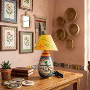 Warli Hand-Painted Tear Drop Shaped Terracotta Table Lamp (Blue)