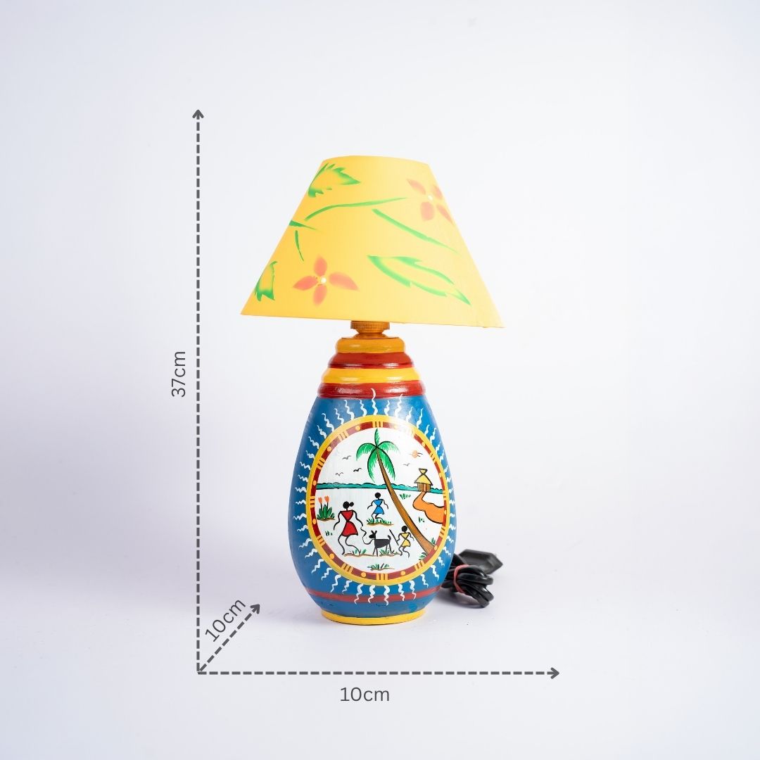 Warli Hand-Painted Tear Drop Shaped Terracotta Table Lamp (Blue) with dm