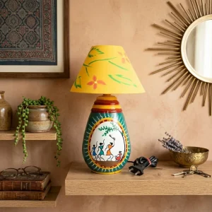 Warli Hand-Painted Tear Drop Shaped Terracotta Table Lamp (Green)