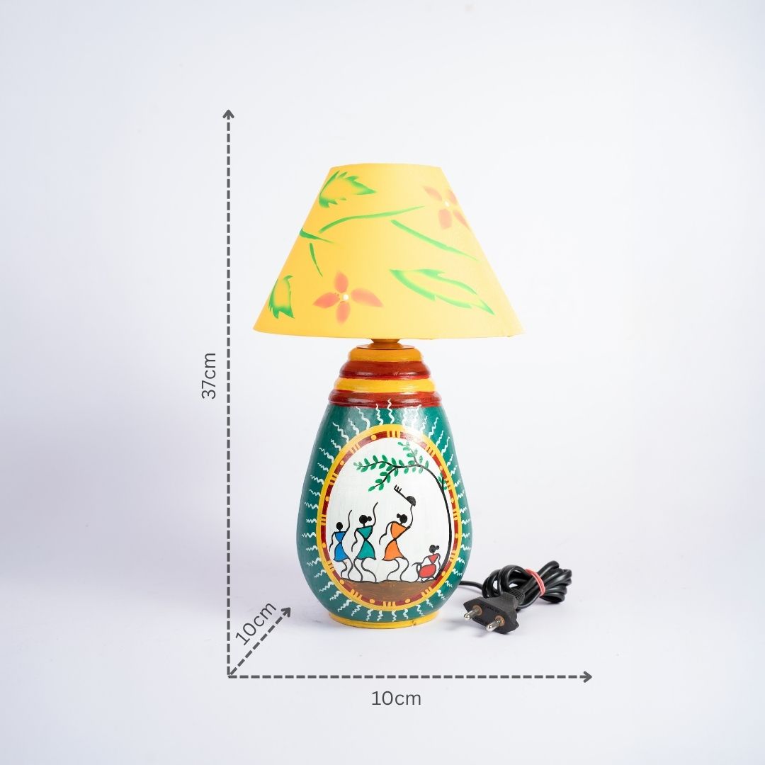 Warli Hand-Painted Tear Drop Shaped Terracotta Table Lamp (Green) with dm