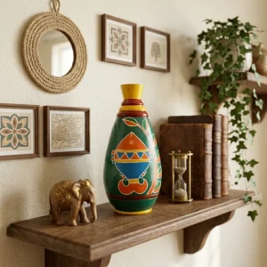 Warli Hand-Painted Tear Drop Shaped Terracotta Vase (Blue)