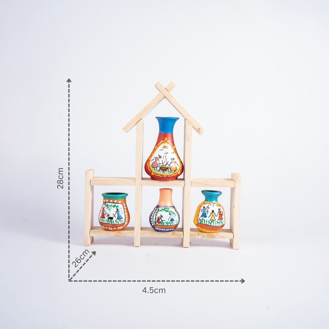 Warli Hand-Painted Terracotta Miniature Pot Set with a Wooden Frame with dm