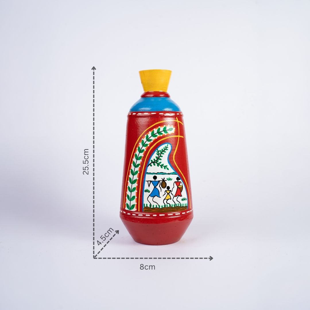 Warli Hand-Painted Tumbler Shaped Terracotta Vase (Red) with dm